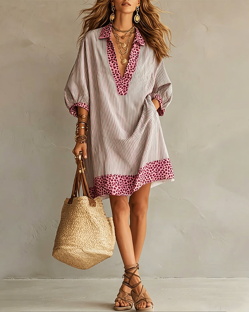 Perrine | Leopard Trim Stripe Shirt Dress