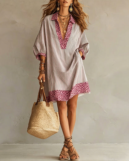 Perrine | Leopard Trim Stripe Shirt Dress