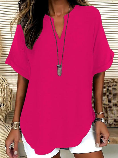 Zyvara | Linen Notch Neck Curved Hem Relaxed Short Sleeve Top