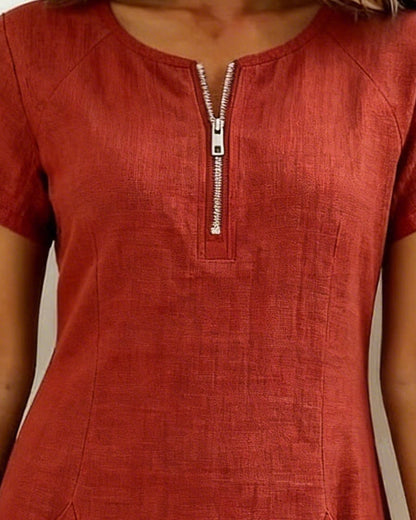Wren | Linen Half-Zip Short Sleeve Pocket Mini Dress