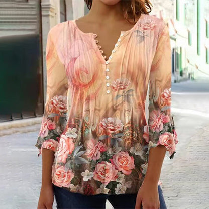Sevryn | Floral Border Print Pintuck Button Notch Neck Three-Quarter Sleeve Top