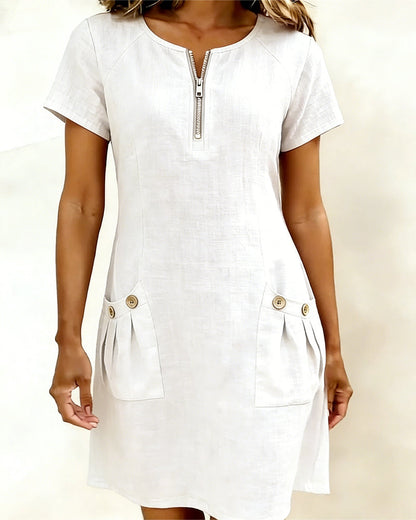 Wren | Linen Half-Zip Short Sleeve Pocket Mini Dress