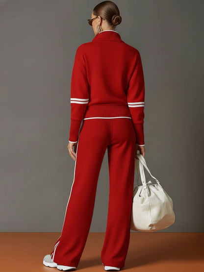 Vexara | Sporty Stripe Detail Quarter-Zip Top & Wide Leg Tracksuit Set