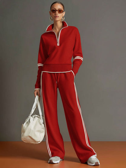 Vexara | Sporty Stripe Detail Quarter-Zip Top & Wide Leg Tracksuit Set
