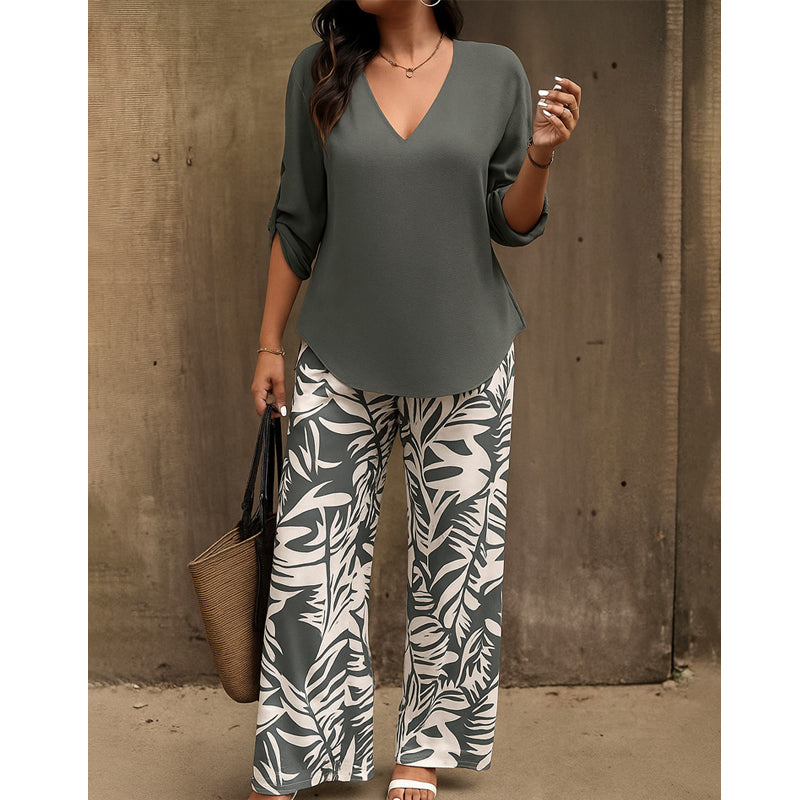 Kaelora | V Neck Top and Printed Trouser Set