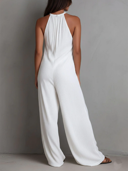 Fyndel | Flowing Crinkle Halter Neck Palazzo Leg Casual Jumpsuit