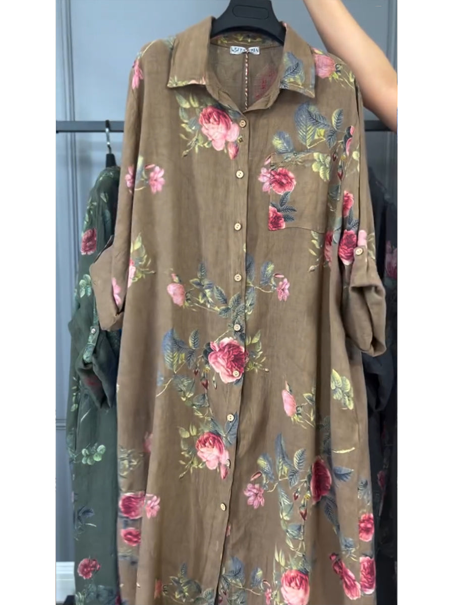 Flora | Rose Print Linen Oversized Button-Through Shirt Dress