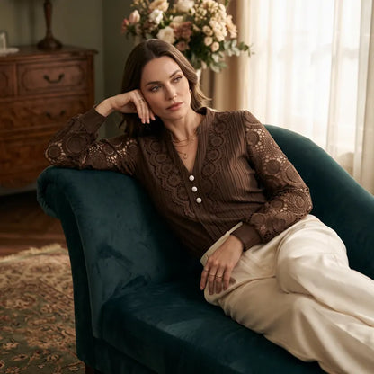 Maelle | Elegant Lace Sleeve V-Neck Blouse