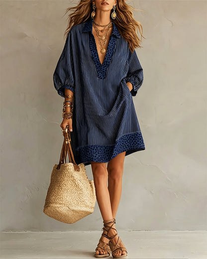 Perrine | Leopard Trim Stripe Shirt Dress