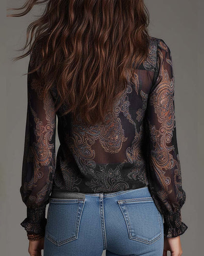 Delvara | Paisley Print Sheer Ruffle Zip Front Boho Blouse