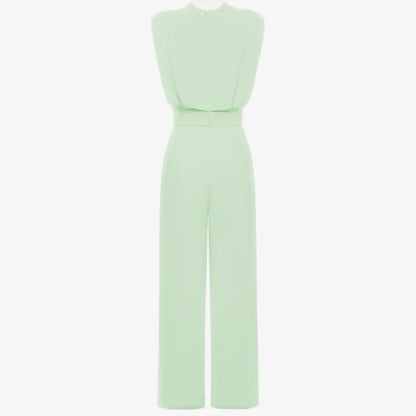 Duvaine | Shoulder Pad Sleeveless Round Neck Wide Leg Tailored Jumpsuit