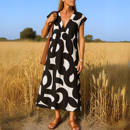 Anwen | Abstract Print V Neck Maxi Dress