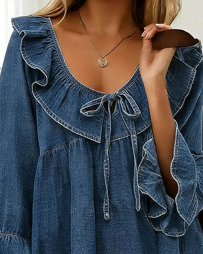 Maren | Ruffle Trim Denim Babydoll Blouse