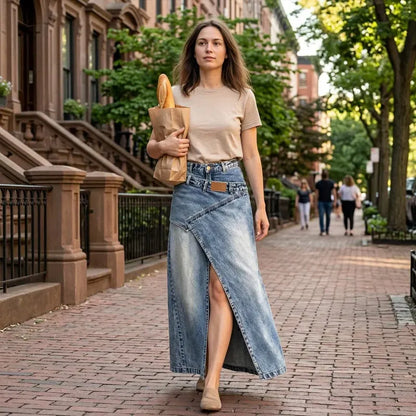 Halina | Asymmetric Waist Denim Maxi Skirt