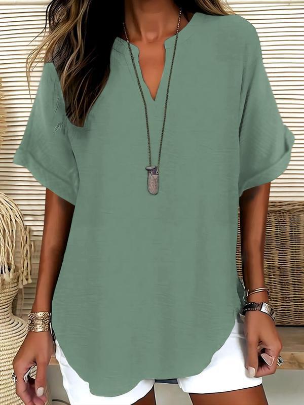 Zyvara | Linen Notch Neck Curved Hem Relaxed Short Sleeve Top