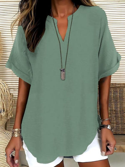 Zyvara | Linen Notch Neck Curved Hem Relaxed Short Sleeve Top