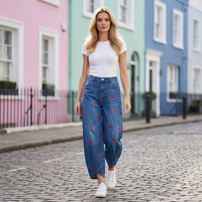 Delaney | Heart Print Barrel Leg Jeans