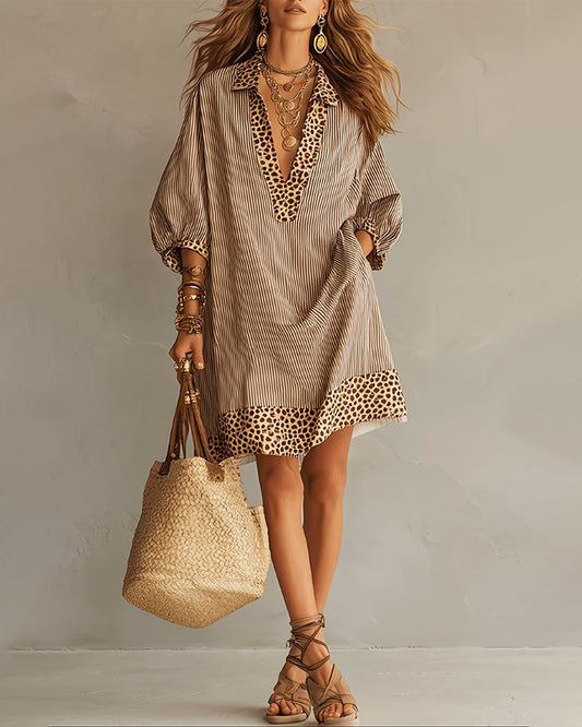 Perrine | Leopard Trim Stripe Shirt Dress