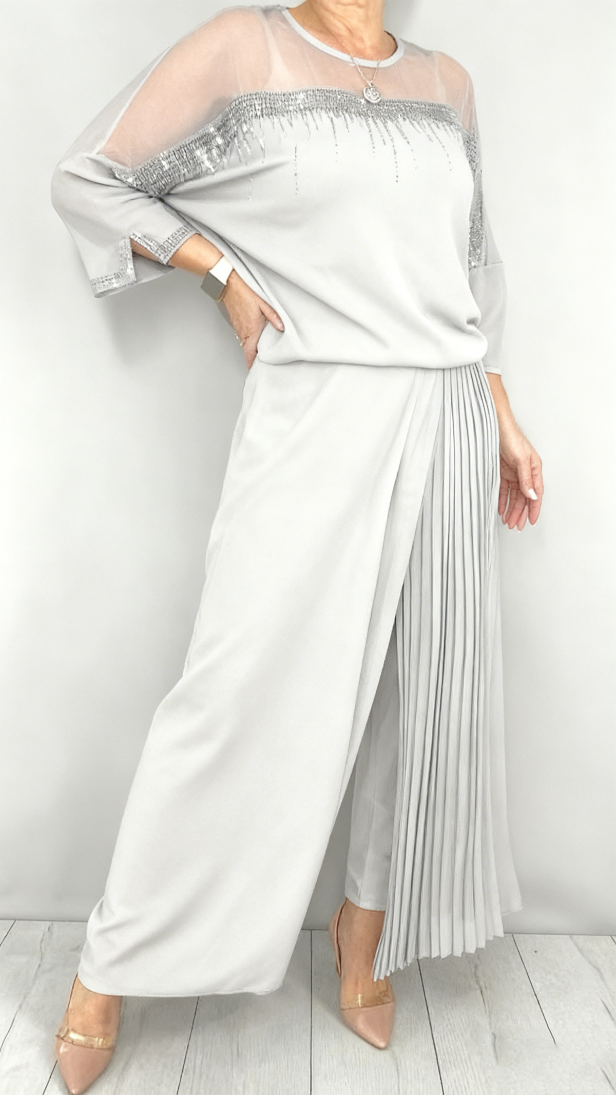 Kendra | Embellished Pleated Two Piece Pants Set