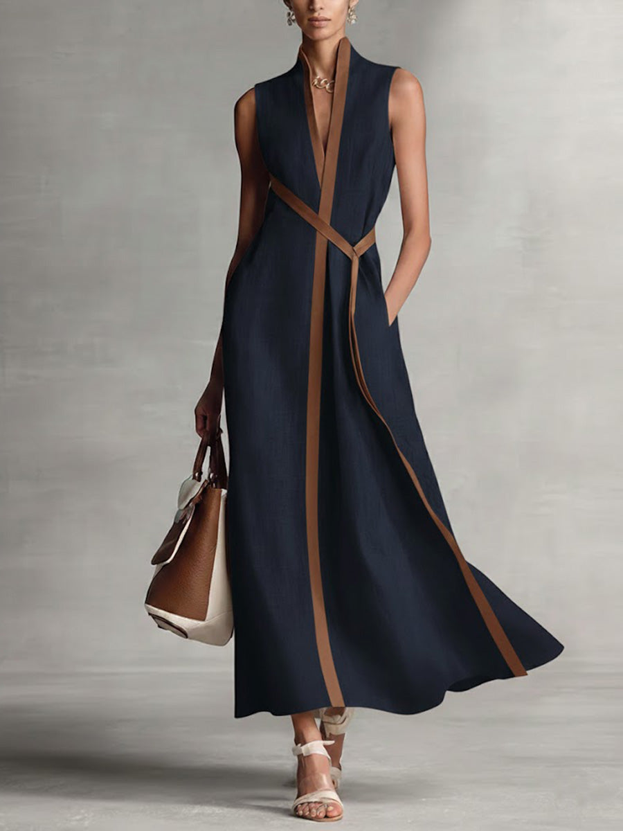 Kavryn | Contrast Trim Wrap V-Neck Sleeveless Flared Maxi Dress