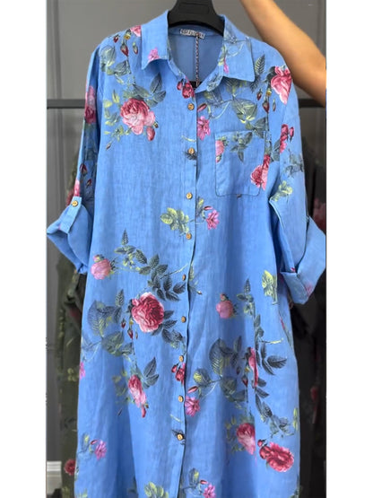 Flora | Rose Print Linen Oversized Button-Through Shirt Dress