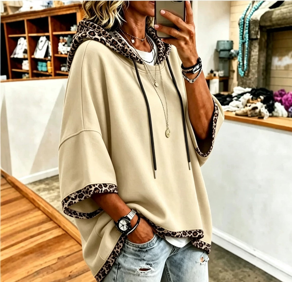 Rosamund | Relaxed Leopard Trim Hooded Sweatshirt
