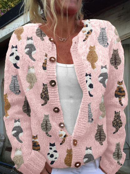 Quinverra | Cat Print Button Front Cardigan