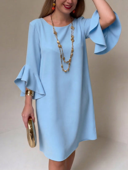 Sevryn | Mustard Ruffle Bell Sleeve Round Neck Shift Mini Dress