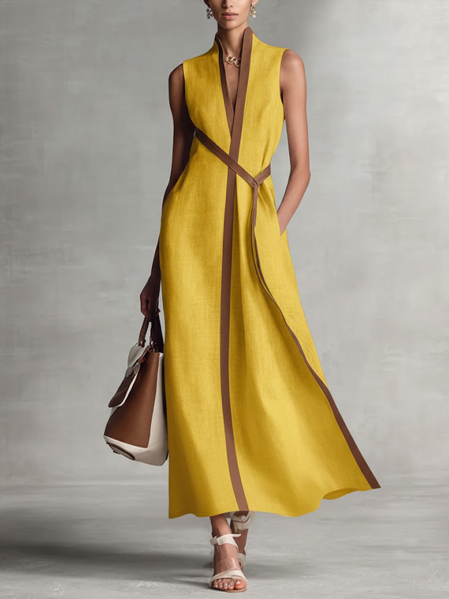 Kavryn | Contrast Trim Wrap V-Neck Sleeveless Flared Maxi Dress