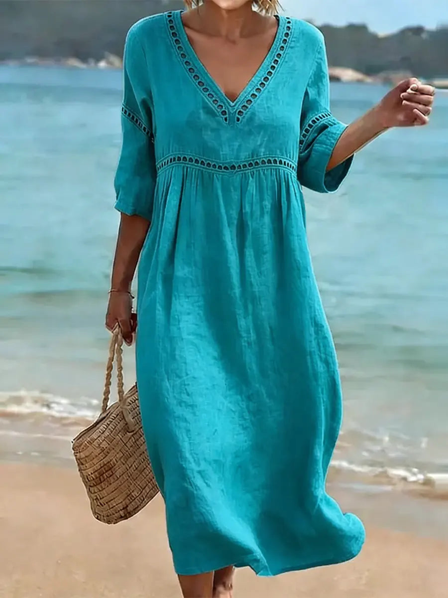 Tuvaine | Linen Eyelet Trim V-Neck Empire Waist Relaxed Midi Dress