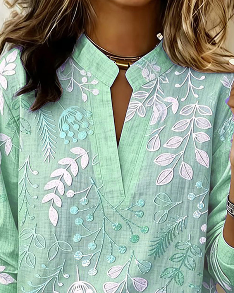 Flora | Botanical Print V-Neck Long Sleeve Blouse