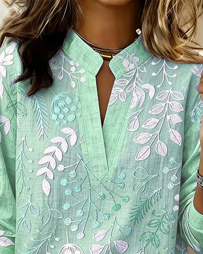 Flora | Botanical Print V-Neck Long Sleeve Blouse