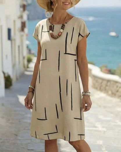 Sage | Geometric Print Round Neck Relaxed Midi Dress