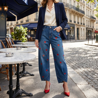 Delaney | Heart Print Barrel Leg Jeans