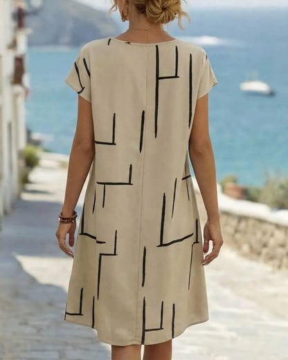 Sage | Geometric Print Round Neck Relaxed Midi Dress