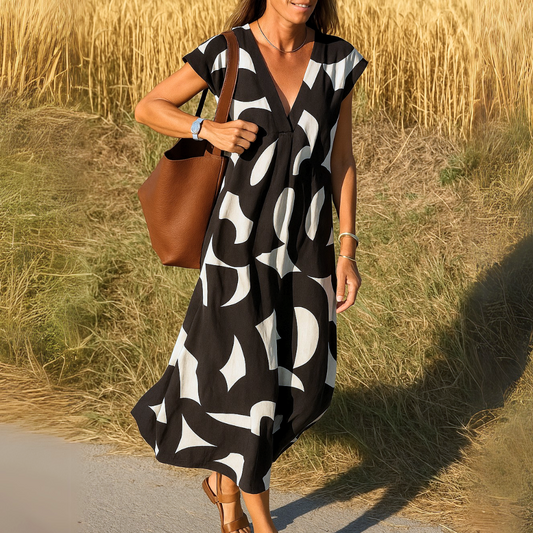 Anwen | Abstract Print V Neck Maxi Dress