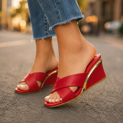 Odessa | Cross Strap Wedge Mule Sandals