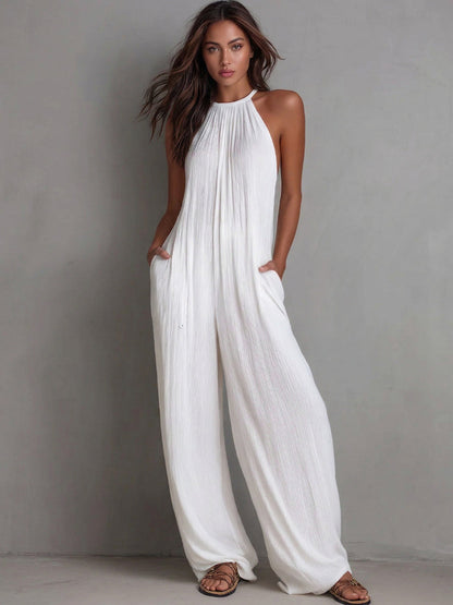 Fyndel | Flowing Crinkle Halter Neck Palazzo Leg Casual Jumpsuit