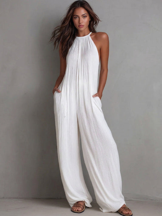 Fyndel | Flowing Crinkle Halter Neck Palazzo Leg Casual Jumpsuit