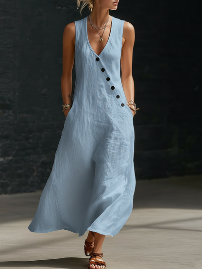 Zyvara | Linen V-Neck Diagonal Button Sleeveless Pocket Maxi Dress
