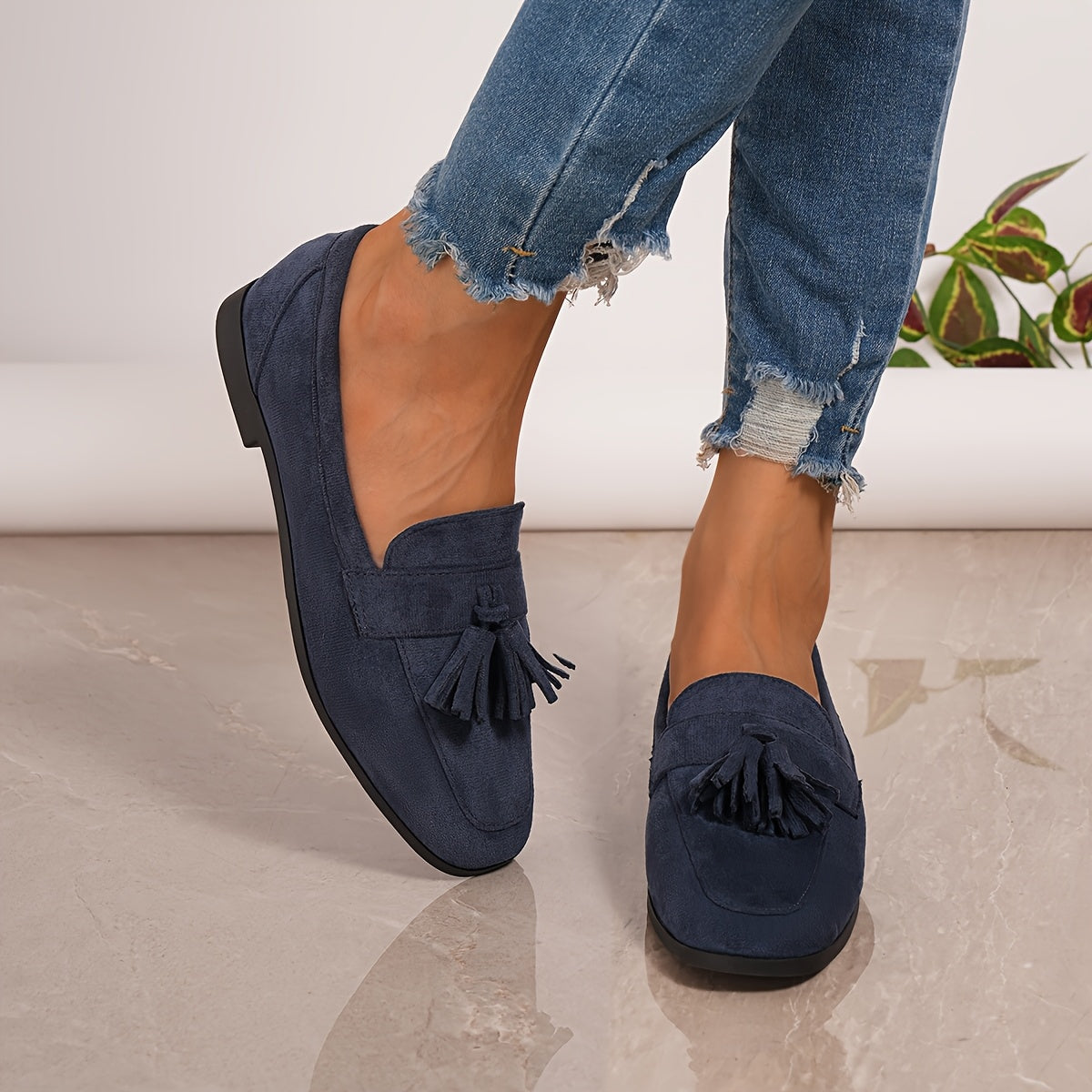 Sylvara | Navy Suede Tassel Detail Flat Smart Loafers