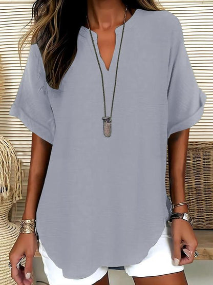Zyvara | Linen Notch Neck Curved Hem Relaxed Short Sleeve Top