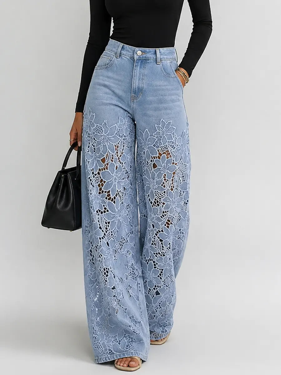Norella | Lace Panel Denim Trousers