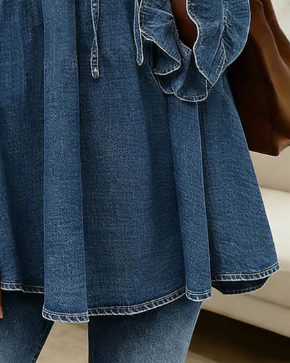 Maren | Ruffle Trim Denim Babydoll Blouse
