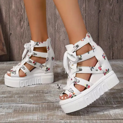 Xylara | Floral Lace Up Platform Sandals
