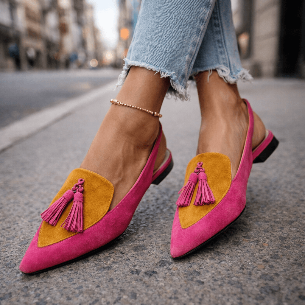 Oxvara | Bold Two-Tone Pointed Toe Tassel Slingback Loafers