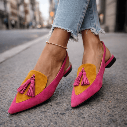 Oxvara | Bold Two-Tone Pointed Toe Tassel Slingback Loafers