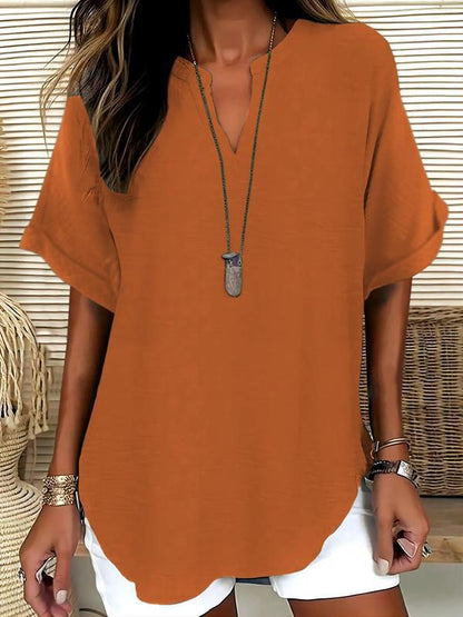 Zyvara | Linen Notch Neck Curved Hem Relaxed Short Sleeve Top