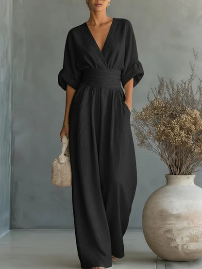 Noxara | Batwing Sleeve V-Neck Ruched Waist Palazzo Leg Jumpsuit
