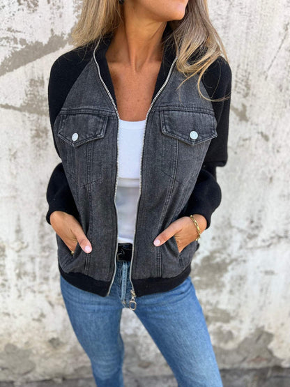 Virelora | Contrast Sleeve Denim Zip Jacket